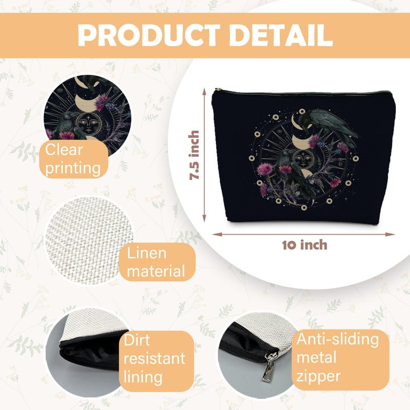 RYYCDOI Goth Raven Makeup Bag, Celestial Sun and Moon Phase Witchy Makeup Bag for Women, Witch Stuff, Halloween Black Crow Floral Cosmetic Bag Toiletry Bag for Women, Black - Image 5